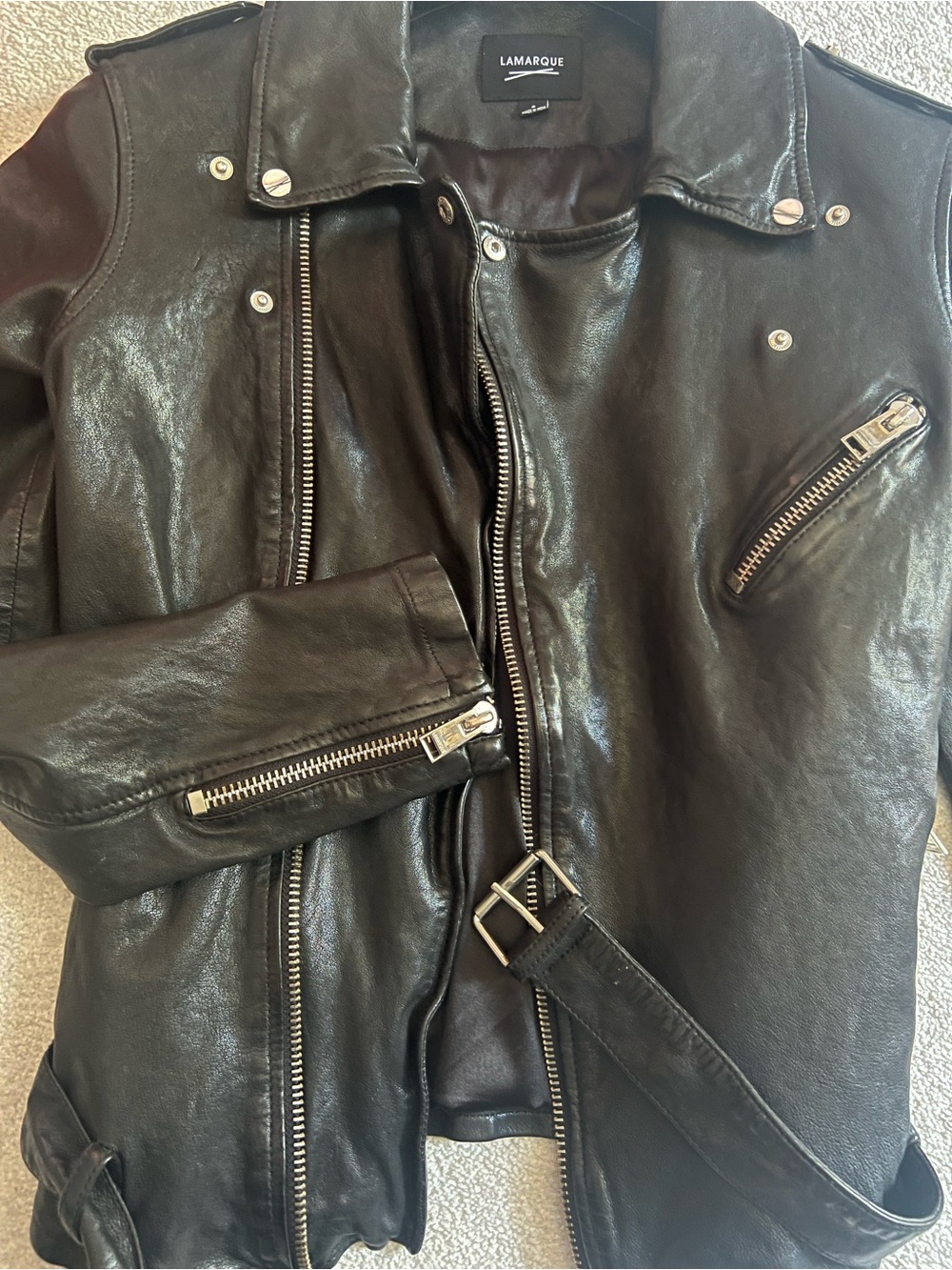 Lamarque Black Leather Bomber-Style Jacket w/ Silver Hardware-BROWNS Garment Bag